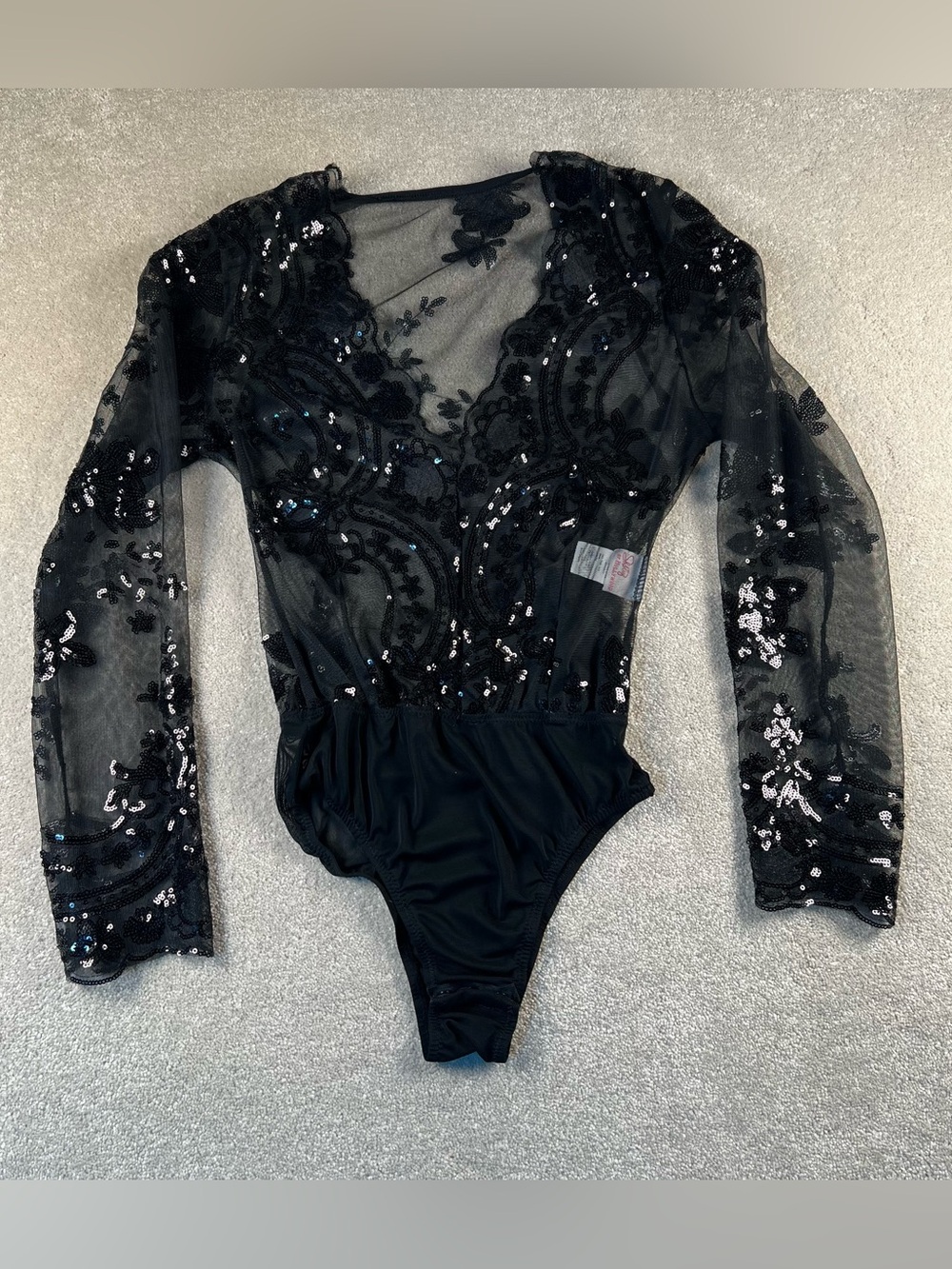 Shirley of Hollywood Black Lace Sequin Long Sleeve Bodysuit Scalloped V Neck SM